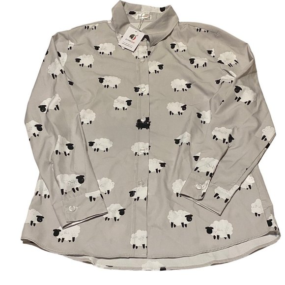 NEW JammyJob Womens Small Button Front Long Sleeve Pajama Shirt Top Sheep Gray - Picture 1 of 3